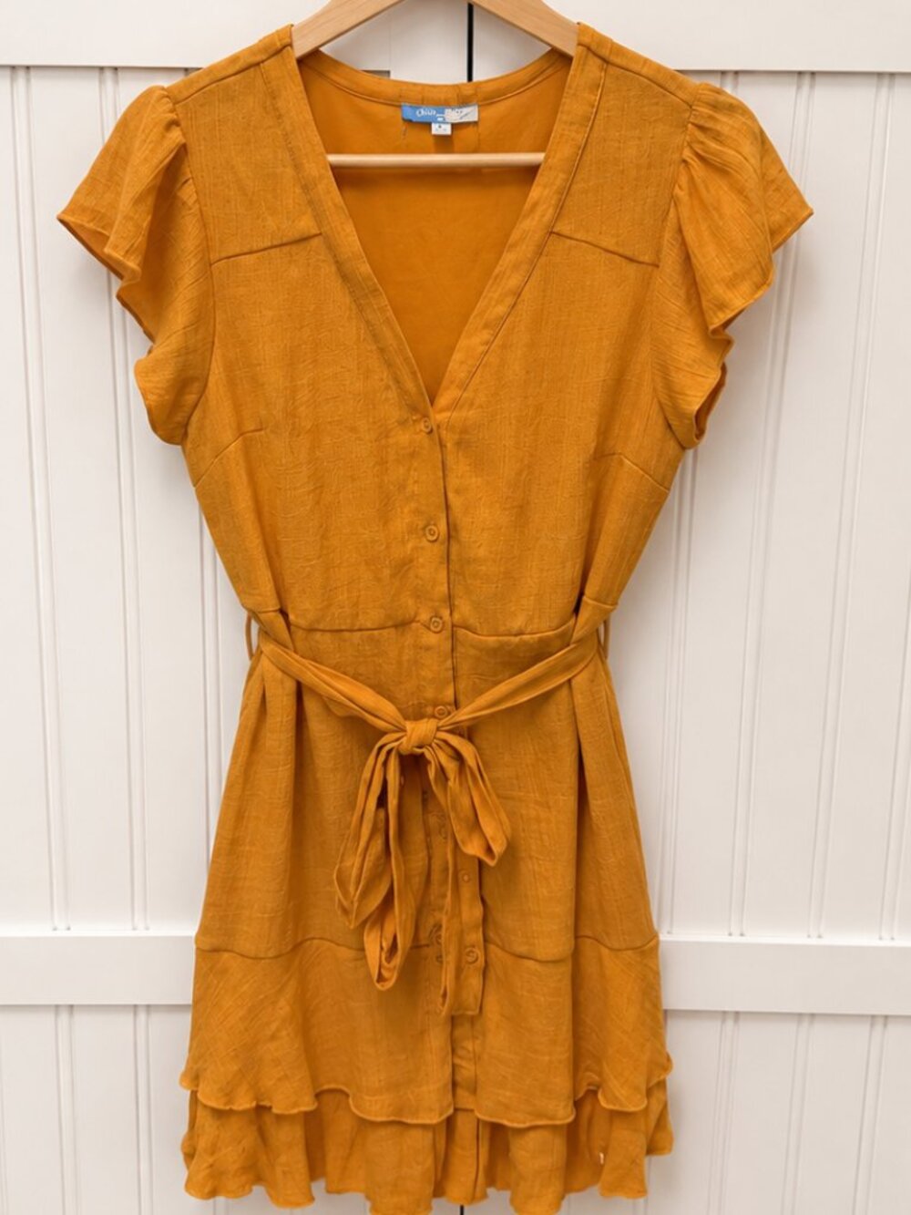 Rebellion Again Mustard Yellow Flutter Sleeve Button Front Dress Size Large